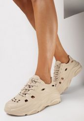Beżowe Gumowe Sneakersy ze Sznurowaniem i Ozdobnymi Wycięciami Kijafa. Brązowe obuwie sportowe damskie Born2be, z gumy, bez zapięcia. Za 79.99 zł.