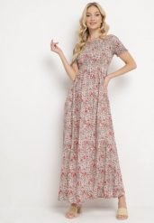 Różowa Sukienka Hiszpanka Długa z Bawełny w Kwiatowy Print Mrosa. Czerwone sukienki damskie Born2be, bez wzorów, z bawełny, boho, bez ramiączek. W wyprzedaży za 55.24 zł.