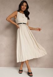 Beżowa Plisowana Sukienka o Rozkloszowanym Kroju Bez Rękawów z Paskiem z Klamrą Iffule. Brązowe sukienki damskie Renee, bez wzorów, eleganckie, bez ramiączek. W wyprzedaży za 111.99 zł.