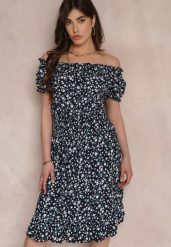 Granatowa Bawełniana Sukienka Midi Hiszpanka z Gumką w Pasie Dnise. Niebieskie sukienki damskie Renee, bez wzorów, z bawełny, bez ramiączek. W wyprzedaży za 39.99 zł.