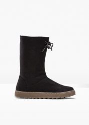 Kozaki zimowe. Czarne kozaki damskie bonprix, na zimę, bez obcasa, bez zapięcia. Za 147.99 zł.