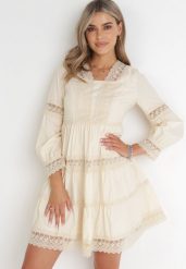 Beżowa Sukienka Mini z Koronkowymi Wstawkami i Rozkloszowanym Dołem Femona. Brązowe sukienki damskie Born2be, bez wzorów, z koronki, bez ramiączek. Za 269.99 zł.