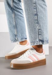 Biało-Różowe Sneakersy w Stylu Tenisówek z Paskami Nilomira. Białe obuwie sportowe damskie Born2be, z jeansu, bez zapięcia, tenisowe. Za 84.99 zł.