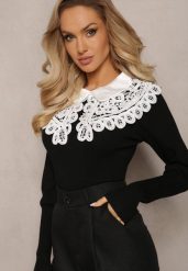 Czarny Sweter z Ażurowym Kołnierzem w Perły Divarae. Czarne swetry klasyczne damskie Renee, s, z koronki, bez kołnierzyka. Za 59.99 zł.