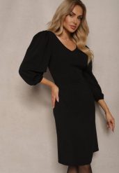 Czarna Sukienka o Dopasowanym Kroju z Lekko Bufiastymi Rękawami Zinnashira. Czarne sukienki damskie Renee, z aplikacjami, eleganckie, bez ramiączek. W wyprzedaży za 75.99 zł.
