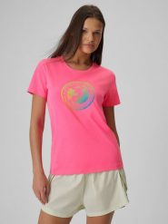 4F T-shirt regular z nadrukiem damski - różowy XL. Czerwone t-shirty damskie 4F, xl, bez wzorów, z bawełny, bez kołnierzyka. Za 59.99 zł.