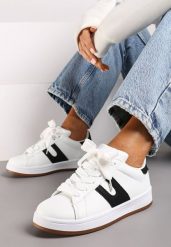 Biało-Czarne Sznurowane Sneakersy na Płaskie Podeszwie Wykończone Geometrycznym Wzorem Genaria. Białe obuwie sportowe damskie Renee, na lato, z jeansu, bez zapięcia. Za 74.99 zł.