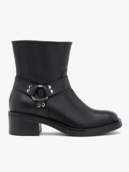 Czarne botki biker boots ze skóry licowej. Czarne botki damskie Brawo sp. z o.o., ze skóry, bez obcasa, bez zapięcia. Za 549.99 zł.