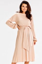Sukienka Midi z Długim Bufiastym Rękawem - Beżowa. Brązowe sukienki damskie Awama, bez wzorów, z elastanu, wizytowe, bez ramiączek. Za 249.90 zł.