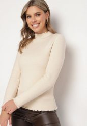 Beżowy Sweter z Wełną i Ozdobną Falbanką przy Dekolcie Seanoria. Brązowe swetry klasyczne damskie Born2be, l, z jeansu, bez kołnierzyka. Za 84.99 zł.