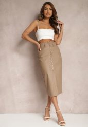 Ciemnobeżowa Spódnica z Ekoskóry High Waist z Rozcięciem i Napami z Przodu Asttia. Brązowe spódnice damskie Renee, na co dzień, na zimę, s, bez wzorów, z bawełny, midi. Za 49.99 zł.