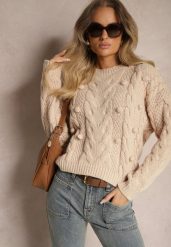 Beżowy Sweter z Wełną i Wiskozą Ozdobiony Tłoczeniem i Kulkami Vaiannae. Brązowe swetry klasyczne damskie Renee, na zimę, m, z wełny, bez kołnierzyka. Za 84.99 zł.