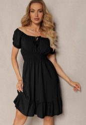 Czarna Sukienka z Wiskozy z Gumkami w Talii i Dekoltem ze Ściągaczem Tiimazela. Czarne sukienki damskie Renee, bez wzorów, z wiskozy, eleganckie, bez ramiączek. W wyprzedaży za 45.49 zł.