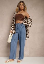 Niebieskie Spodnie z Bawełny High Waist z Gumką i Wiązaniem w Talii Lisadriela. Niebieskie spodnie materiałowe damskie Renee, bez wzorów, z bawełny. Za 39.99 zł.