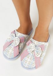 Niebieskie Wsuwane Kapcie Ozdobione Kokardką i Metaliczną Nitką Seiwal. Niebieskie kapcie damskie Born2be. Za 29.99 zł.
