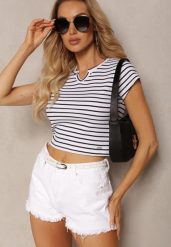 Biało-Czarny T-shirt z Bawełny z Krótkim Rękawem i Ozdobnym Wycięciem Relenna. Białe t-shirty damskie Renee, m, bez wzorów, z bawełny, bez kołnierzyka. Za 39.99 zł.