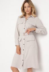 Beżowa Sukienka Koszulowa z Kieszeniami w Stylu Utility Naiatema. Brązowe sukienki damskie Born2be, bez wzorów, klasyczne, bez ramiączek. W wyprzedaży za 152.99 zł.