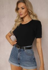 Czarny Klasyczny T-shirt z Okrągłym Płytkim Dekoltem Osarvia. Czarne t-shirty damskie Renee, l, bez wzorów, z dzianiny, bez kołnierzyka. Za 39.99 zł.