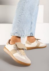 Beżowe Sneakersy na Płaskiej Podeszwie z Wywiniętym Językiem Felilora. Brązowe obuwie sportowe damskie Born2be, z jeansu, bez zapięcia. Za 84.99 zł.