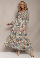Jasnoniebieska Sukienka z Kopertowym Dekoltem w Patchworkowy Wzór Matij. Niebieskie sukienki damskie Renee, bez wzorów, z zamszu, eleganckie, bez ramiączek. W wyprzedaży za 55.99 zł.