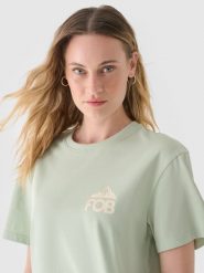 4F T-shirt regular z nadrukiem damski - khaki XS. Brązowe t-shirty damskie 4F, xs, bez wzorów, z bawełny, bez kołnierzyka. W wyprzedaży za 19.99 zł.
