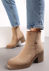 Beżowe Botki na Kwadratowym Słupku Addalynn. Brązowe botki damskie Renee, z jeansu, eleganckie, bez obcasa, na obcasie, bez zapięcia. Za 159.99 zł.