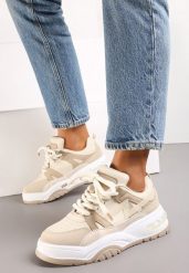 Beżowe Sneakersy na Grubej Podeszwie z Szerokim Wiązaniem Iniestra. Brązowe obuwie sportowe damskie Renee, bez zapięcia. Za 79.99 zł.