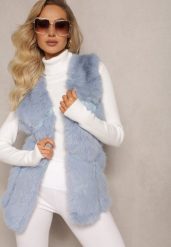 Jasnoniebieska Futrzana Kamizelka z Wstawkami z Ekoskóry Lewja. Niebieskie kamizelki damskie Renee, l, bez wzorów, z futra, bez kaptura. Za 179.99 zł.