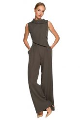 Elegancki Kombinezon z Wywijanym Kołnierzem - Khaki. Brązowe kombinezony damskie MOE, l, bez wzorów, z lycry, eleganckie, bez kołnierzyka, bez ramiączek. Za 298.90 zł.