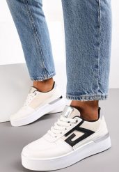 Białe Sznurowane Sneakersy na Grubej Podeszwie z Metaliczną Wstawką Faeline. Białe obuwie sportowe damskie Renee, bez zapięcia. Za 74.99 zł.