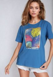 Niebieski Klasyczny Bawełniany T-shirt z Wakacyjnym Nadrukiem Zaronea. Niebieskie t-shirty damskie Born2be, m, bez wzorów, z bawełny, bez kołnierzyka. Za 29.99 zł.