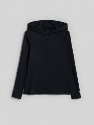 4F Longsleeve slim z kapturem damski - czarny L. Czarne koszulki sportowe damskie 4F, l, bez wzorów, z dresówki, bez ramiączek, trekkingowe. Za 169.99 zł.