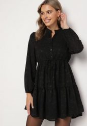 Czarna Rozkloszowana Sukienka z Tkaniny Plumeti ze Ściągaczem w Talii i Falbanką Ilisia. Czarne sukienki damskie Born2be, bez wzorów, z tkaniny, boho, bez ramiączek. W wyprzedaży za 135.99 zł.