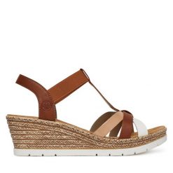 Sandały Rieker. Brązowe sandały damskie Rieker, bez wzorów, bez obcasa, na koturnie, bez zapięcia. Za 289.99 zł.