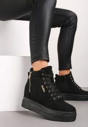 Czarno-Złote Sneakersy na Koturnie z Metalicznymi Detalami i Dodatkowym Suwakiem Dailise. Czarne obuwie sportowe damskie Renee, z materiału, bez zapięcia. Za 99.99 zł.
