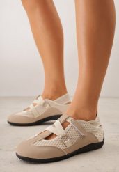 Ciemnobeżowe Siateczkowe Sneakersy w Stylu Balerinek z Paskiem na Rzep Talenate. Brązowe obuwie sportowe damskie Born2be, z jeansu, bez zapięcia. Za 89.99 zł.