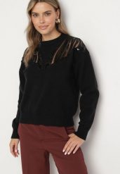 Czarny Sweter z Siateczkowymi Wstawkami z Cekinami Perełkami i Koralikami Evoriana. Czarne swetry klasyczne damskie Born2be, l, z jeansu, bez kołnierzyka. Za 129.99 zł.