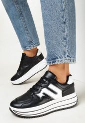 Czarne Sneakersy na Platformie z Wstawkami Elisandra. Czarne obuwie sportowe damskie Born2be, bez zapięcia. Za 109.99 zł.