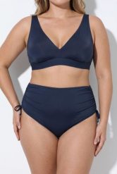 Damskie figi od bikini marszczona taśma wypełnienie z przodu. Niebieskie figi Ulla Popken, bez wzorów, z elastanu. Za 100.99 zł.