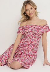 Różowa Sukienka z Bawełny Typu Hiszpanka z Falbankami w Kwiaty Aenne. Czerwone sukienki damskie Born2be, bez wzorów, z bawełny, eleganckie, bez ramiączek. Za 69.99 zł.