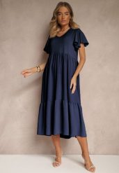 Granatowa Rozkloszowana Sukienka z Wiskozą w Casualowym Stylu Filarenna. Niebieskie sukienki damskie Renee, bez wzorów, z wiskozy, eleganckie, bez ramiączek. W wyprzedaży za 63.99 zł.
