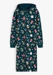 Sukienka dresowa w bożonarodzeniowe motywy. Zielone sukienki damskie bonprix, z aplikacjami, z dresówki, bez ramiączek. Za 134.99 zł.