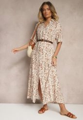 Ciemnobeżowa Wiskozowa Sukienka o Pudełkowym Fasonie w Ornamentalny Print Ridinna. Brązowe sukienki damskie Renee, bez wzorów, z wiskozy, eleganckie, bez ramiączek. W wyprzedaży za 63.99 zł.