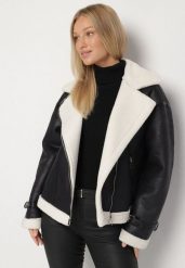Czarna Kurtka Ramoneska Biker z Futerkiem i Paskami z Klamrami Mandrie. Czarne kurtki damskie Born2be, l, z aplikacjami, z futra, bez kaptura. Za 229.99 zł.