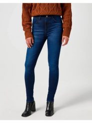 WRANGLER DAMSKIE SPODNIE JEANSOWE HIGH SKINNY SOLSTICE BLUE 112358235 W27H018359. Niebieskie rurki damskie Wrangler, bez wzorów, z jeansu. Za 229.99 zł.