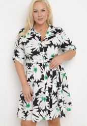 Czarno-Biała Koszulowa Sukienka w Kwiaty z Wiązanym Paskiem Laritasia. Czarne sukienki damskie Born2be, bez wzorów, bez ramiączek. Za 129.99 zł.