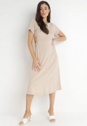 Beżowa Sukienka Bawełniana Chipih. Brązowe sukienki damskie Born2be, bez wzorów, z bawełny, eleganckie, bez ramiączek. Za 139.99 zł.