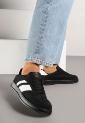 Czarne Sneakersy Tenisówki Ozdobione Paskami Amodira. Czarne obuwie sportowe damskie Renee, bez wzorów, z jeansu, bez zapięcia. Za 74.99 zł.
