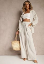 Beżowy Bawełniany Komplet Muślinowy Oversize z Koszulą i Szerokimi Spodniami Ziorina. Brązowe koszule damskie Renee, z aplikacjami, z bawełny, eleganckie, bez kołnierzyka, bez ramiączek. Za 129.99 zł.