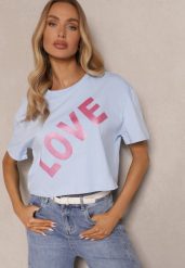 Niebieski Krótki T-shirt Oversize z Bawełny z Ozdobnym Napisem Sanillva. Niebieskie t-shirty damskie Renee, m, bez wzorów, z bawełny, bez kołnierzyka. Za 39.99 zł.